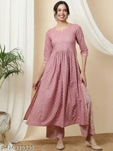 Surya Women's ethnic motifs printed pleated A-line kurta with palazzos (Pink), viscose rayon fabric, 3/4 sleeve length