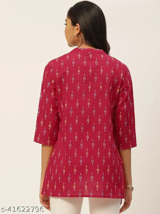 Cotton Ikat Print Kurti Top, trendy women's dress with mandarin collar and three-quarter sleeves. Indian western wear for casual, festive, and party occasions