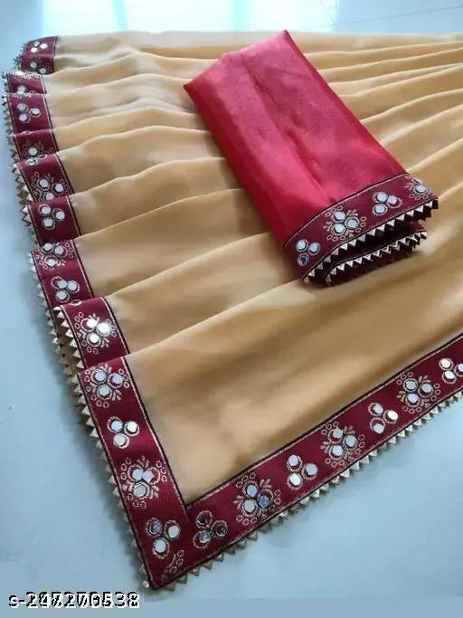Georgette new piramid saree with mirror and stone work, free size, 5.5m length, India origin
