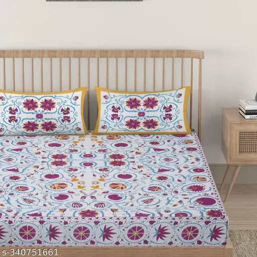 White printed cotton flat sheets set, superfine floral pattern, 2 pillow covers included for adult use in summer season. Made of pure cotton, size 90x108 inches, from India