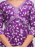 Purple Aliya Cut Rayon Kurti with three-quarter sleeves and printed pattern, great for Indian fashion, size L (bust 40in, length 43in), made in India