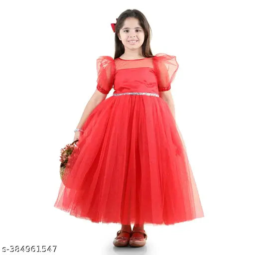 Red net party dress for girls, toy balloon design, suitable for 1-2 to 10-11 years old