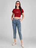 Red printed cotton crop top, short sleeves, size S-L for women's fashion