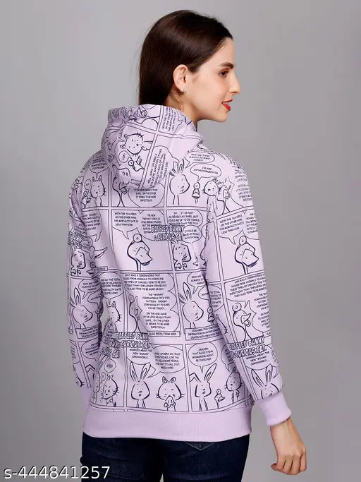 Fleece blend women's winter hoodie sweatshirt (Flee39 Series), printed pattern, long sleeves, featuring pockets - Large size on model, gentle machine wash, India origin