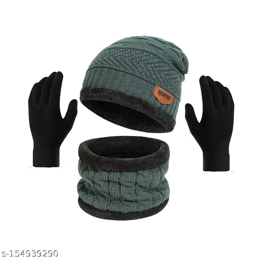 Grey woolen winter Beanie cap & gloves combo with neck warmer, premium quality stretchy thermal spun acrylic, hand-knitted feel, India-made