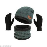 Grey woolen winter Beanie cap & gloves combo with neck warmer, premium quality stretchy thermal spun acrylic, hand-knitted feel, India-made