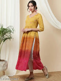 Mustard viscose rayon Anarkali Kurta with ethnic motifs and three-quarter sleeves, perfect for casual wear. Multi-colored flared design