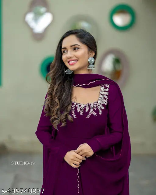 Georgette long-sleeve Anarkali gown, floral embroidered with nackline, India origin