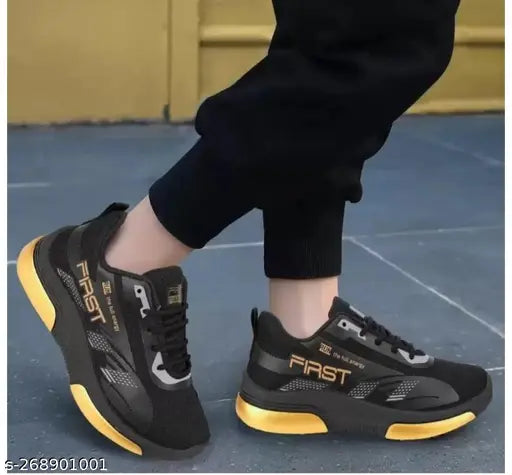 Mesh and PVC sports shoes for kids, stylish and comfortable running shoes with lace-up fastening, ideal for boys and girls. Black athletic footwear on display for new collection