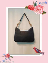 Black faux leather slingbag, textured net pattern, 2 compartments, fits smartphone, stylish women's handbag from India