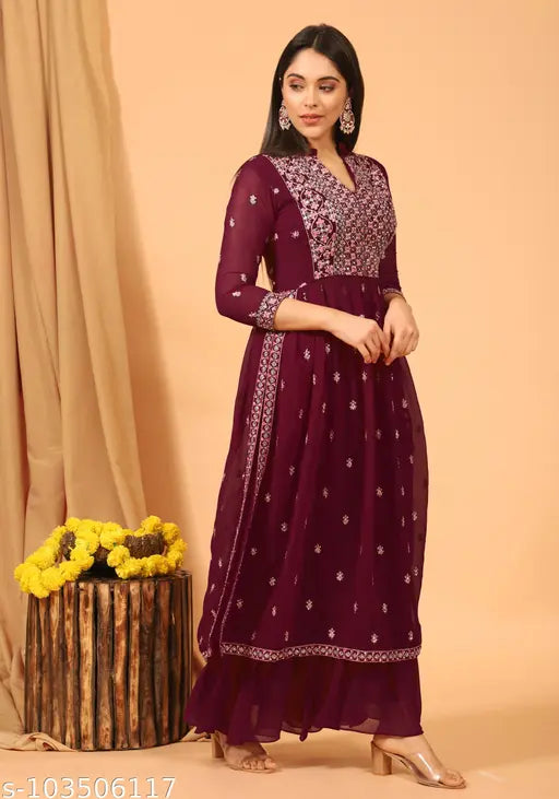 Black georgette scissor kurta set with sharara, embroidered net, full sleeves, and three-quarter bottoms