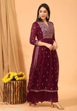 Black georgette scissor kurta set with sharara, embroidered net, full sleeves, and three-quarter bottoms