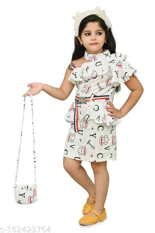 Rayon printed net dress for girls aged 2-6 years, styled with sling bag