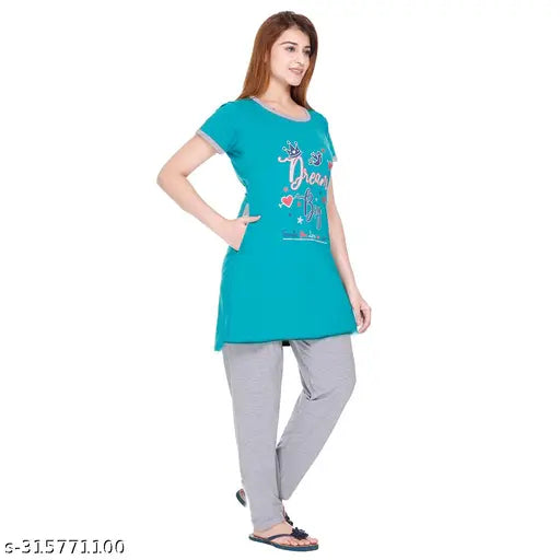 Printed cotton summer nightwear set, casual design by Bliss Bell - Refreshing half sleeve top with pyjama pocket and elastic waistband