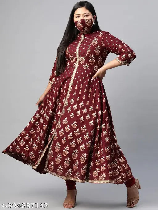 Red viscose rayon floral boat kurti with three-quarter sleeves and mandarin collar, Indian traditional style and front slit design