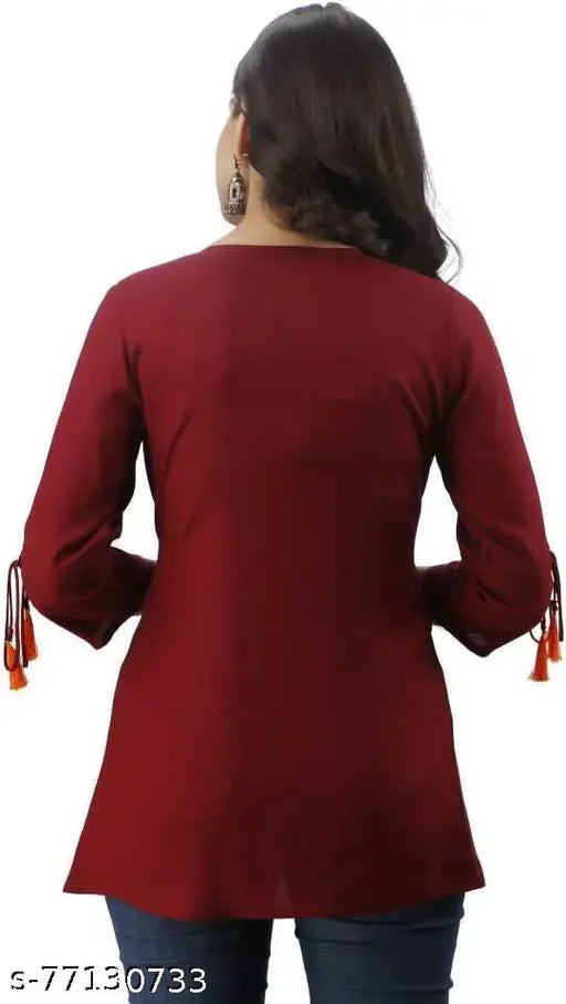 Rayon embroidered women's cape top kurta, solid design, three-quarter sleeves. Indian traditional fashion wear