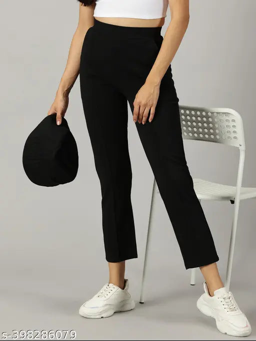 Black polyester AOOSH women's skinny fit trousers with elastic band closure, ankle length