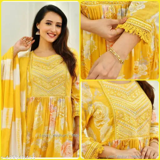 Monsoon wear rayon kurta set with dupatta - trendy, comfortable, ankle-length 3/4 sleeve print ethnic wear for women (India)
