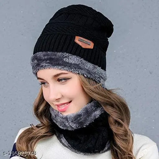 Fur-patterned, fleece-lined Arcylic beanie hat with matching scarf. Unisex, warm winter cap ideal for skiing and cold climates