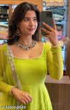 Georgette stitched anarkali gown with parrot color embroidery cut work dupatta, full Amrela flayer, long sleeves