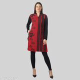 Mandarin red A-line wool kurti (M/L/XL) with floral print - ideal for winter, India origin