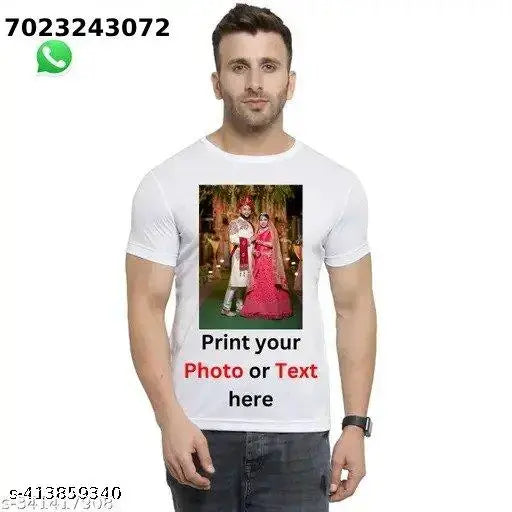 Custom Personalised White Polyester Round Neck T-Shirt, ideal for personal photos & text