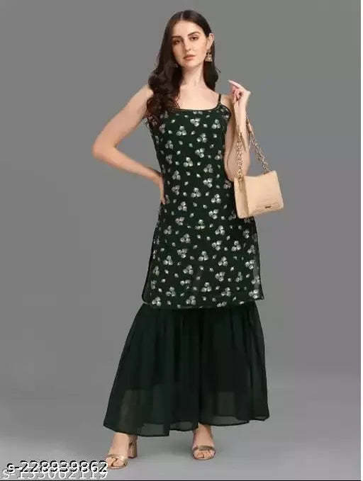 Printed net Georgette sleeveless kurta with sharara, Indian women's fashion accessory