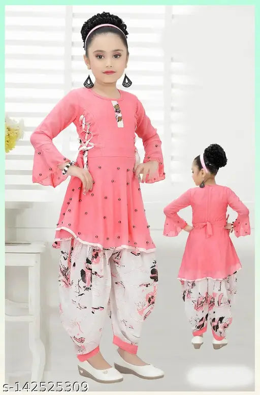 Printed cotton blend A-line Patiala kurta set for girls with dhoti pants, three-quarter sleeves - India origin, sizes 2-3, 3-4, 5-6, 6-7, 10-11, 11-12 years