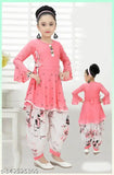 Printed cotton blend A-line Patiala kurta set for girls with dhoti pants, three-quarter sleeves - India origin, sizes 2-3, 3-4, 5-6, 6-7, 10-11, 11-12 years