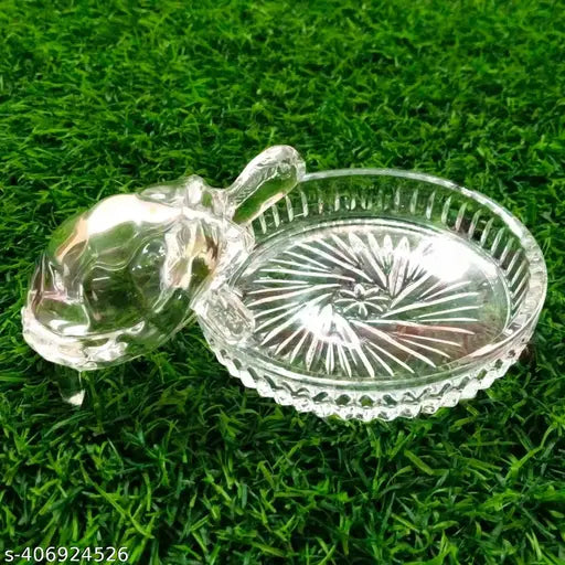 Crystal Tortoise & Plate Vastu Showpiece, handcrafted artifact, 3" turtle, 4" plate, brings positivity, happiness, prosperity for home decoration or gifting, India origin