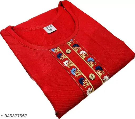 Embroidered cotton three-quarter sleeve winter kurti in navy blue, royal blue, red, and grey. Indian handmade embroidery on display." (109 characters)