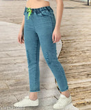 High-waisted stretchable premium denim blue jogger jeans with knee slits, suitable for a variety of fits including boyfriend, baggy, cargo, flared, and mom fit. Indian manufacturer. Ideal for women or girls