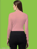 Peach polyester blend collared V-Neck T-shirt with long sleeves, 20 inches length