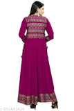 Maroon rayon Anarkali kurti jacket with lace border, three-quarter sleeves. Printed net pattern for attractive party wear, M - XXL sizes