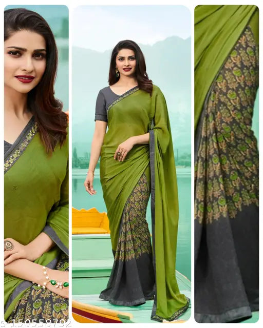 Black and white georgette bollywood printed saree with lace, separate blouse piece, new collection. Organza solid, bridal store offering under $249." (117 characters)