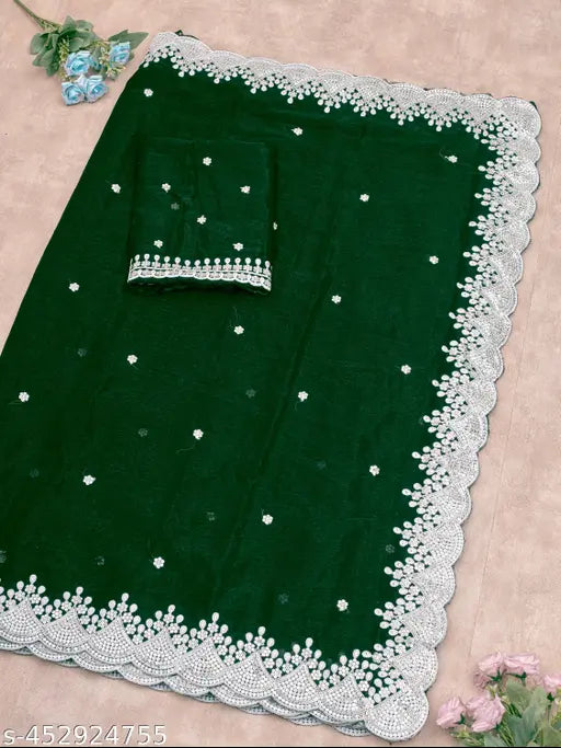 Vibrant sequinned and white thread work embroidered sari with blouse - Georgette fabric, perfect for every occasion