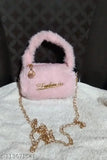 PU pink tiny fur sling bag with chain, single compartment, solid net pattern, free size (10in x 10in x 10in), ideal for everyday use and outdoor activities