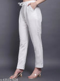 White cotton women's trousers with side pockets, drawstring waistband, and elastic, available in various sizes S-XXXL