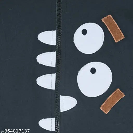 Dark grey cotton blend unisex hoodie with friendly monster applique, kids winter wear