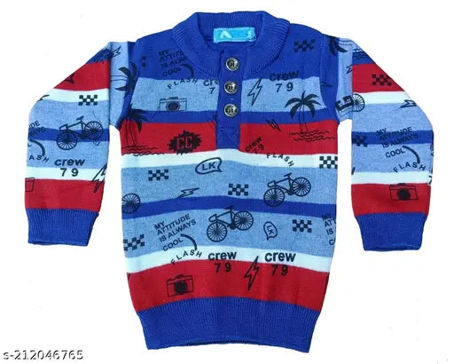 Woolen blue boys' sweaters (5-12 years), self-design, long sleeves