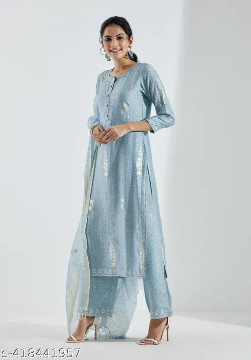 Blue cotton blend kurta set with palazzos and dupatta, printed net design on chiffon sleeves