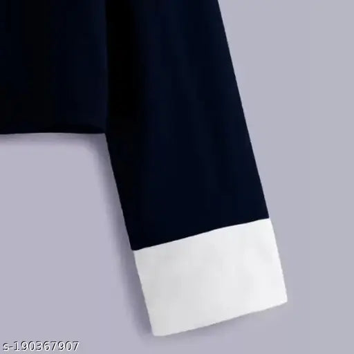 Navy blue solid cotton blend long-sleeve T-shirt for women, breathable and soft, perfect for everyday wear