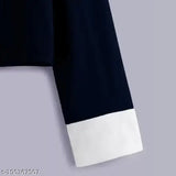 Navy blue solid cotton blend long-sleeve T-shirt for women, breathable and soft, perfect for everyday wear