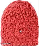Warm woolen beanie caps (Black & Gajri color), hand-knitted with floral detail, perfect for winter wear - pack of 2