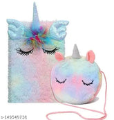 Unicorn Fur Diary & Bag Set (160 Pages, 2 Compartments), embellished notebook and crossbody sling bag for birthday or Rakhi festivals, handcrafted in India