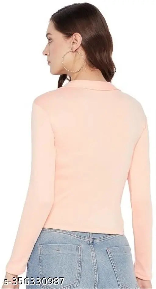 Peach cotton blend women's collar top, long sleeves, solid pattern
