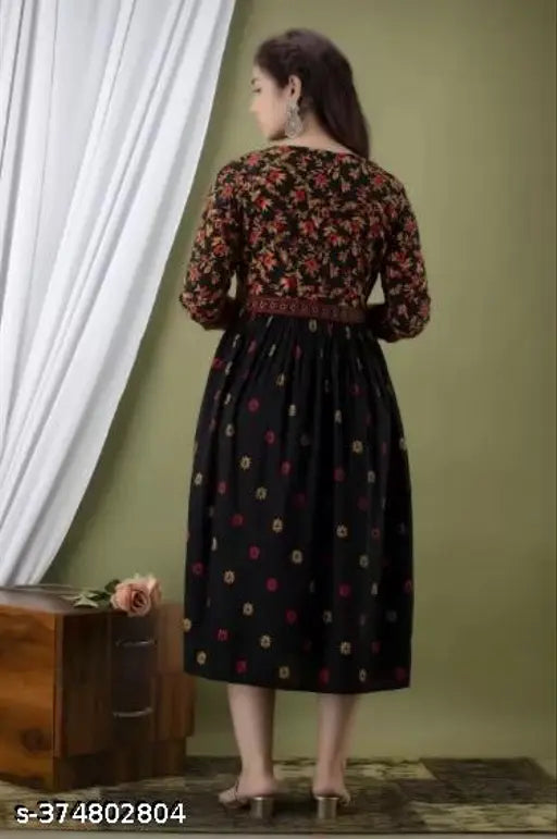 Black rayon Anarkali kurta, trendy floral printed for women's ethnic wear party gown, three-quarter sleeves