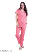 Women's cotton printed night suit set with collar coord - 100% cotton women's nightdress set for sleep, vibrant pattern on display