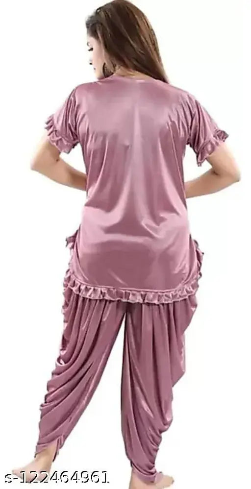 Satin night suit combo for women, knee-length cotton and satin printed pajama set with top and bottom