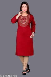 Black woolen embroidered kurtis, three-quarter sleeves, women's straight style, trendy Indian fashion